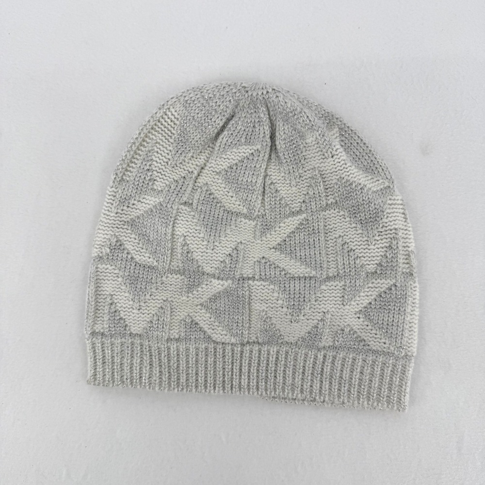 Michael Michael Kors Beanie Women OS Silver Metallic‎ MK Logo Knit Winter Hat